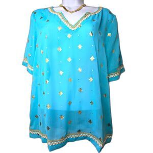 Turquoise Blue & Gold Star Embroidered Sheer V-Neck Tunic Top Medium Hippie Boho